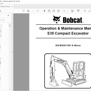 Bobcat E35 Compact Excavator Operation & Maintenance Manual SN B3K811001 & Above -  PDF DOWNLOAD