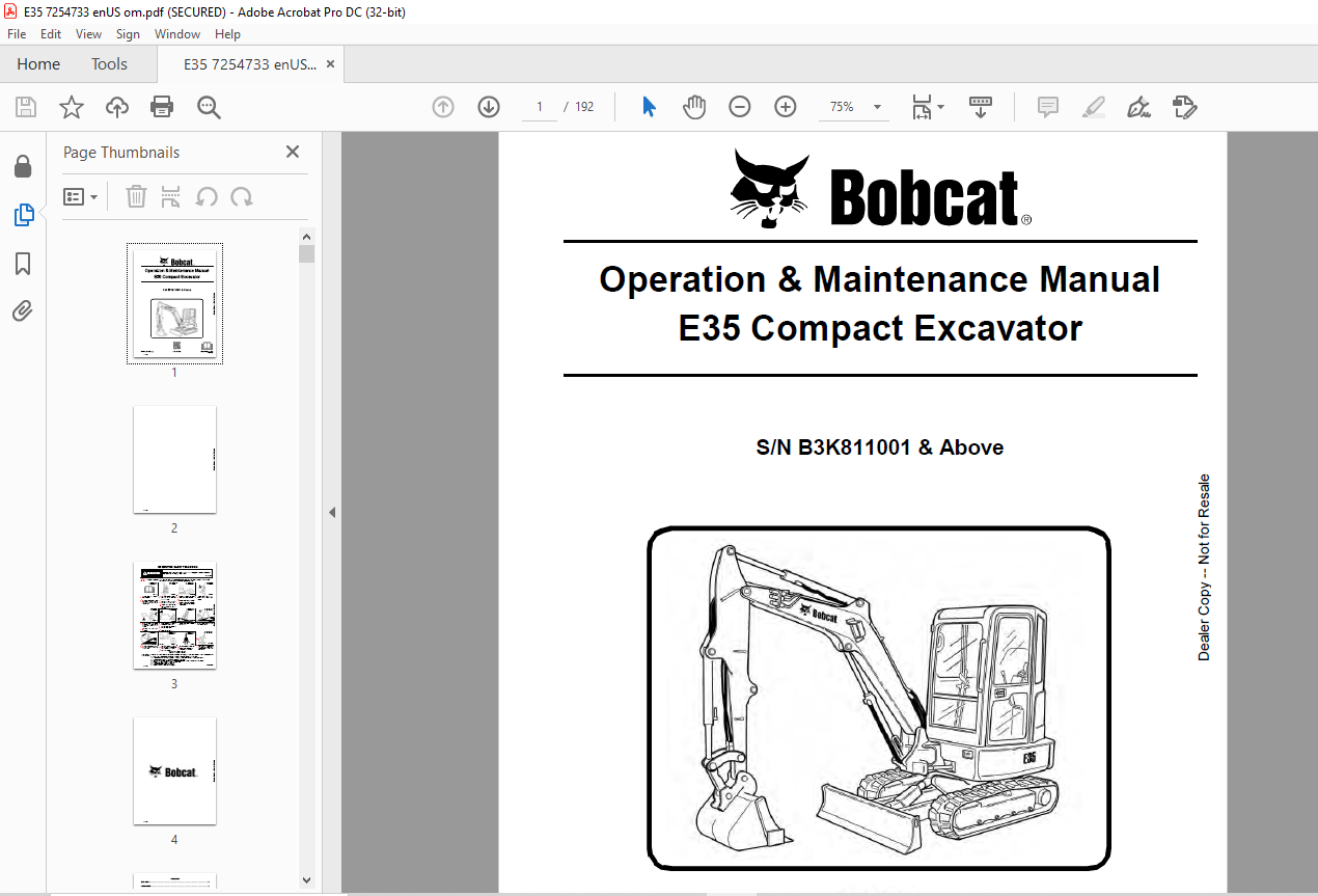 Bobcat E35 Compact Excavator Operation & Maintenance Manual SN