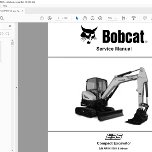 Bobcat E35 Compact Excavator Service Manual SN AR1K11001 & Above -  PDF DOWNLOAD
