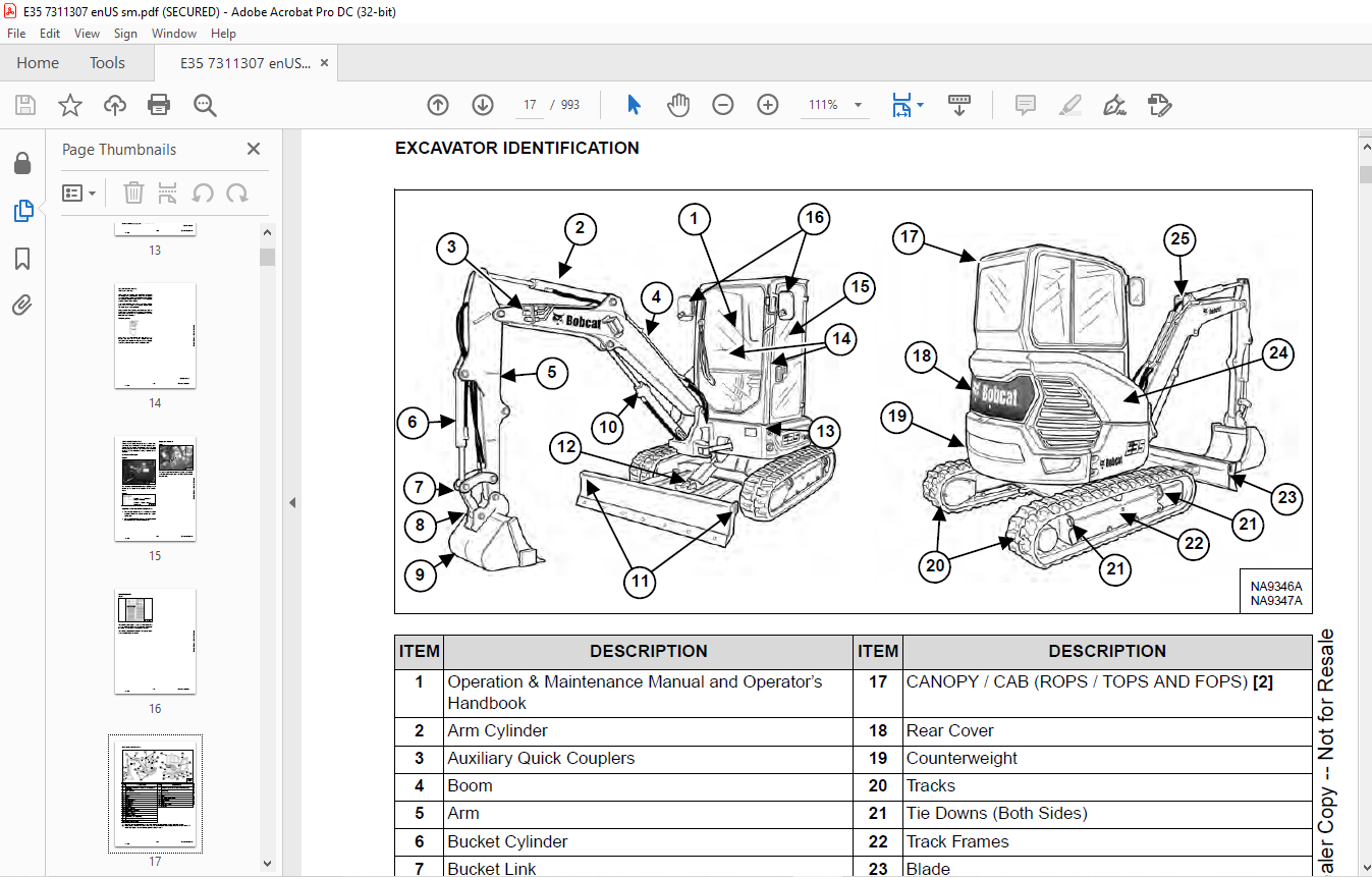 Bobcat E35 Compact Excavator Service Manual SN B3WZ11001 & Above - PDF