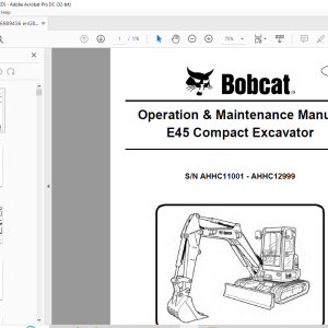 Bobcat E45 Compact Excavator Operation & Maintenance Manual SN ...