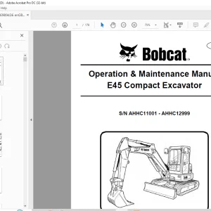 Bobcat E45 Compact Excavator Operation & Maintenance Manual SN AHHC11001 - AHHC12999  - PDF DOWNLOAD