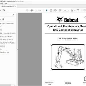 Bobcat E45 Compact Excavator Operation & Maintenance Manual SN AHHC13000 & Above  - PDF DOWNLOAD