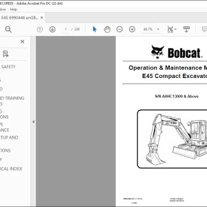 Bobcat E45 Compact Excavator Operation & Maintenance Manual SN AHHC13000 & Above - PDF DOWNLOAD