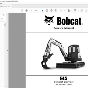Bobcat E45 Compact Excavator Service Manual SN B2VY11001 & Above -  PDF DOWNLOAD
