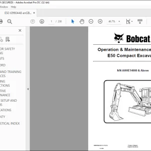 Bobcat E50 Compact Excavator Operation & Maintenance Manual SN AHHE14000 & Above  - PDF DOWNLOAD