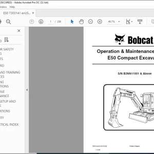 Bobcat E50 Compact Excavator Operation & Maintenance Manual SN B3NN11001 & Above  - PDF DOWNLOAD