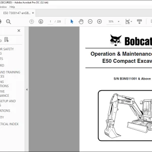Bobcat E50 Compact Excavator Operation & Maintenance Manual SN B3NS11001 & Above -  PDF DOWNLOAD