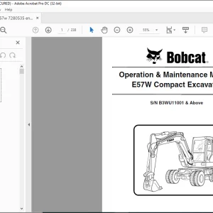 Bobcat E57W Compact Excavator Operation & Maintenance Manual SN B3WU11001 & Above  - PDF DOWNLOAD