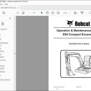 Bobcat E60 Compact Excavator Operation & Maintenance Manual SN AGSZ11001 & Above - PDF DOWNLOAD