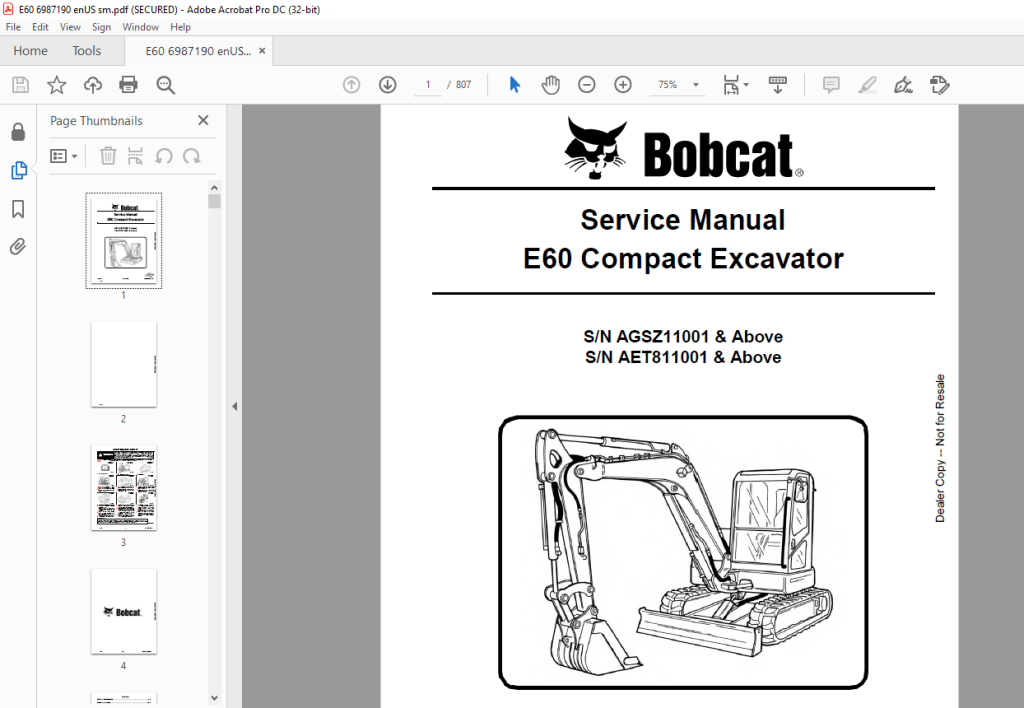 Bobcat E60 Compact Excavator Service Manual - PDF DOWNLOAD