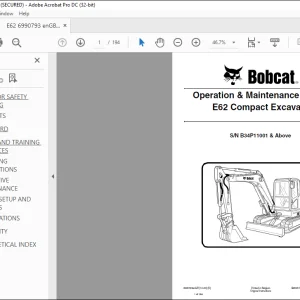 Bobcat E62 Compact Excavator Operation & Maintenance Manual SN B34P11001 & Above  - PDF DOWNLOAD