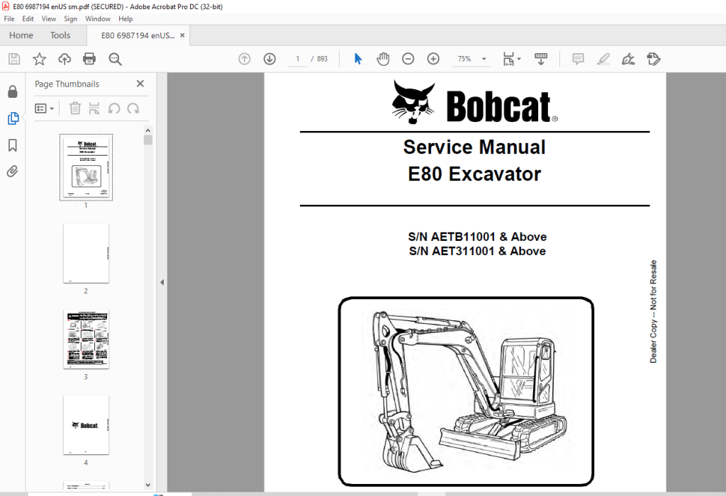 Bobcat E80 Excavator Service Manual 6987194 (05-16) - PDF DOWNLOAD ...