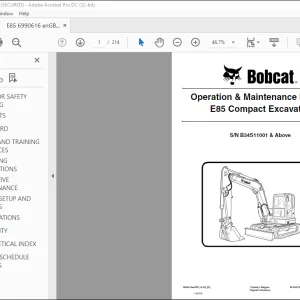 Bobcat E85 Compact Excavator Operation & Maintenance Manual SN B34S11001 & Above  - PDF DOWNLOAD
