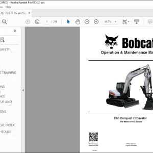 Bobcat E85 Compact Excavator Operation & Maintenance Manual SN B48413701 & Above -  PDF DOWNLOAD