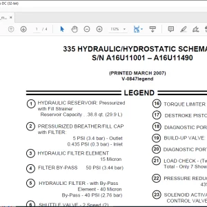 Bobcat Excavator 335 Hydraulic/Hydrostatic Schematic Manual V-0847legend -  PDF DOWNLOAD