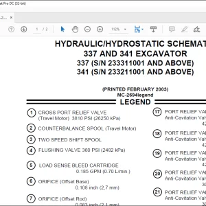 Bobcat Excavator 337 and 341 Hydraulic/Hydrostatic Schematic Manual 2694legend -  PDF DOWNLOAD