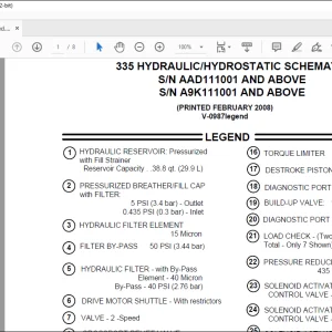 Bobcat Excavator 335 Hydraulic/Hydrostatic Schematic Manual V-0987legend  - PDF DOWNLOAD