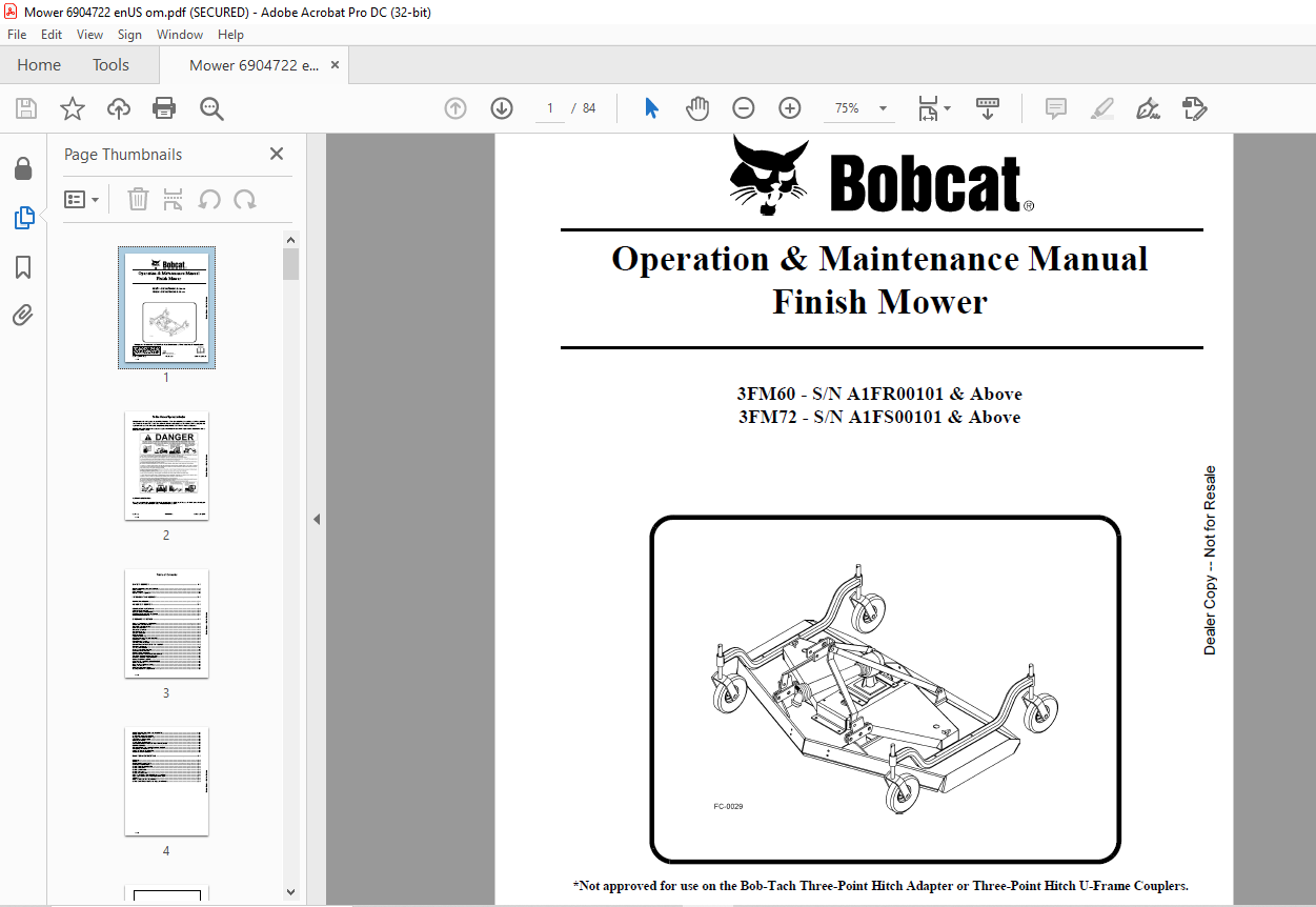 Bobcat Finish Mower 3FM60 3FM72 Operation & Maintenance Manual - PDF