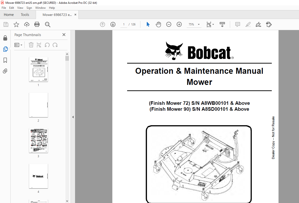 Bobcat Finish Mower 72 90 Operation & Maintenance Manual 6986723 (07-18