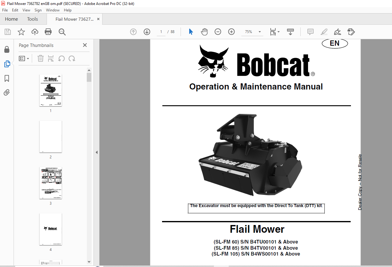 Bobcat Flail Mower SL-FM 60 SL-FM 85 SL-FM 105 Maintenance Manual