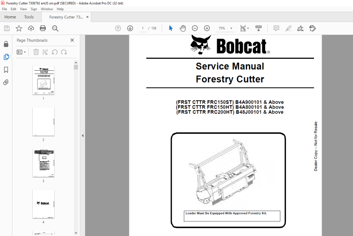 Bobcat Forestry Cutter 150ST 150HT 200HT Service Manual 7308792 (07-17