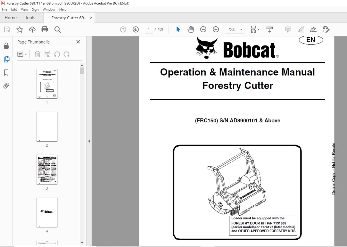 Bobcat Forestry Cutter FRC150 Operation & Maintenance Manual SN