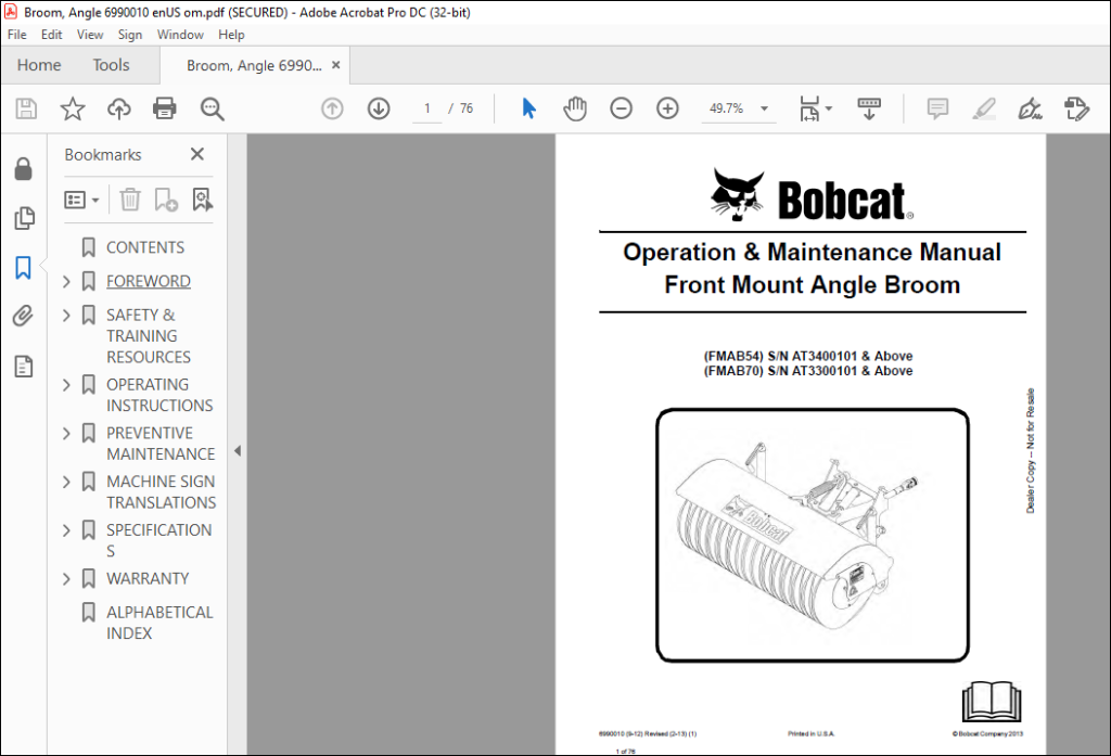 Bobcat Front Mount Angle Broom Fmab Fmab Operation Maintenance