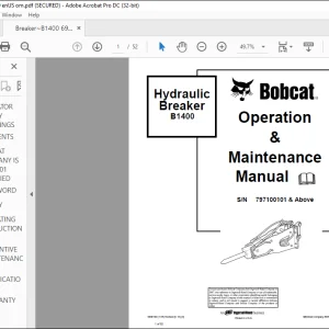 Bobcat Hydraulic Breaker B1400 Operation & Maintenance Manual SN 797100101 & Above -  PDF DOWNLOAD
