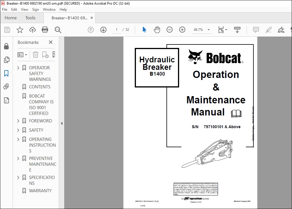 Bobcat Hydraulic Breaker B1400 Operation & Maintenance Manual SN ...