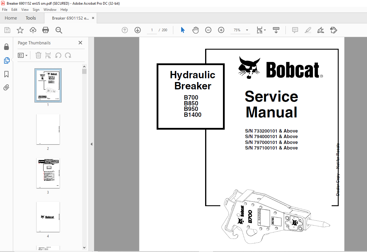 Bobcat Hydraulic Breaker B700 B850 B950 B1400 Service Manual 6901152 (6 ...