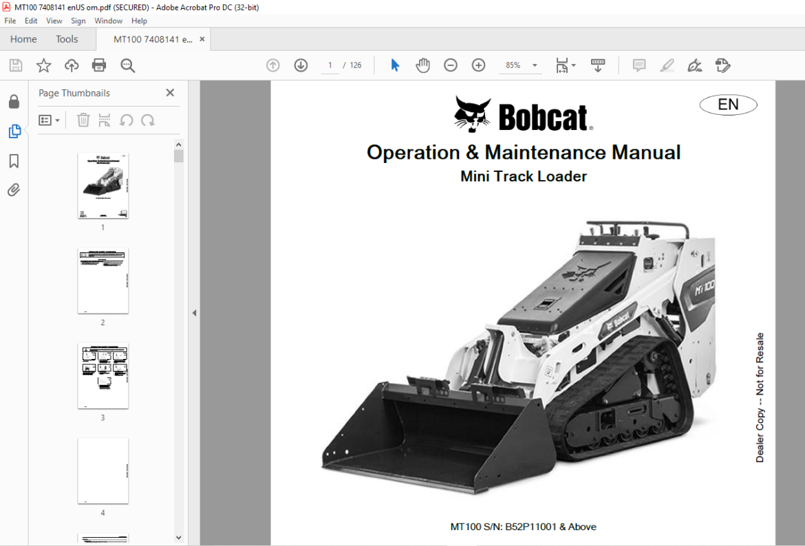 Bobcat MT100 Mini Track Loader Operation & Maintenance Manual SN