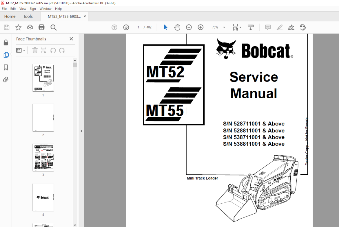 Bobcat MT52 & MT55 Mini Track Loader Service Manual 6903372 (10-12