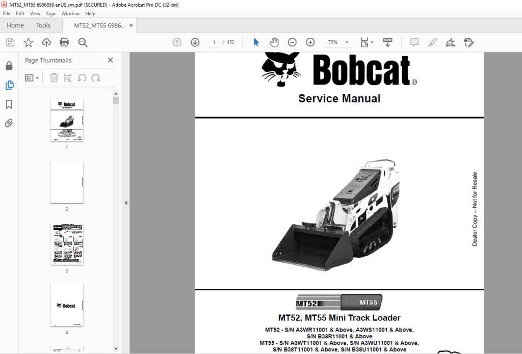 Bobcat MT52 & MT55 Mini Track Loader Service Manual 6986859 (10-20