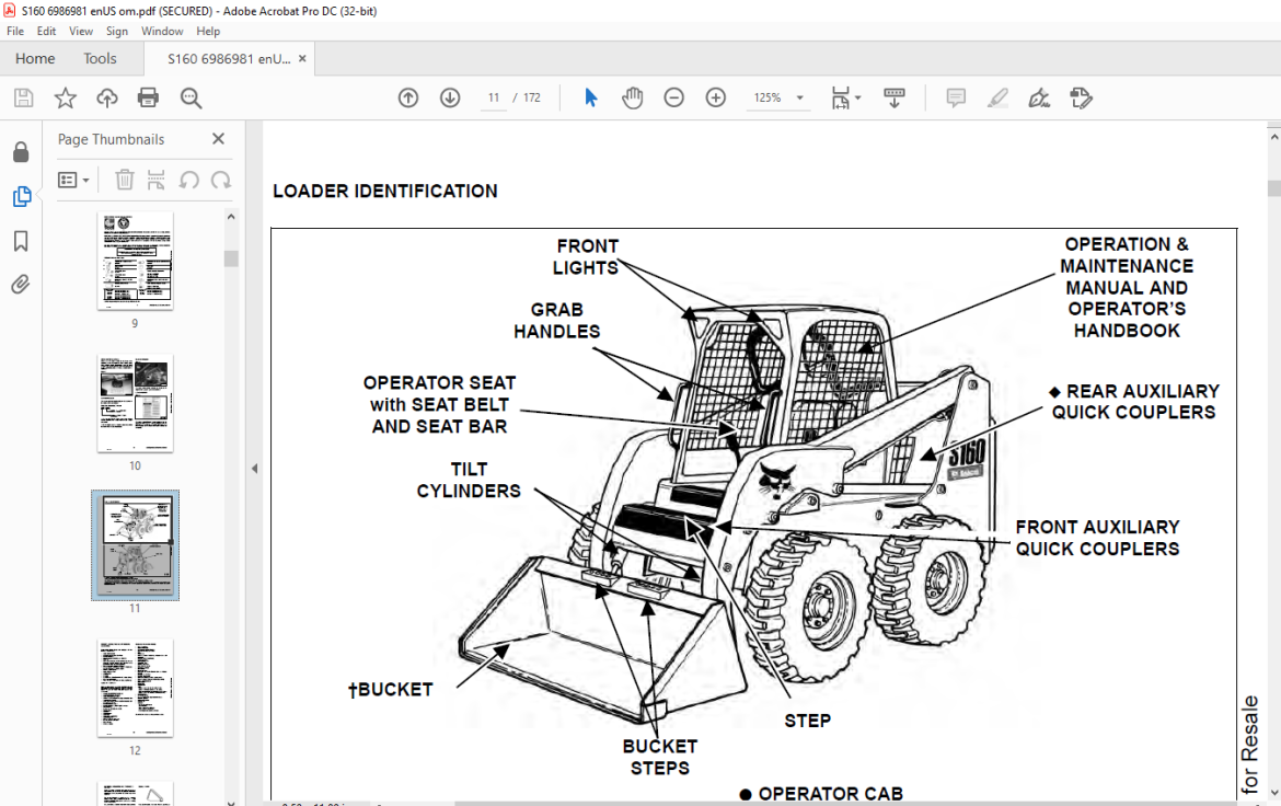 Bobcat S160 Skid-Steer Loader Operation & Maintenance Manual 6986981 (3 ...