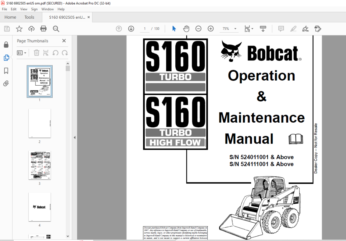 Bobcat S160 Turbo S160 Turbo High Flow Operation & Maintenance Manual