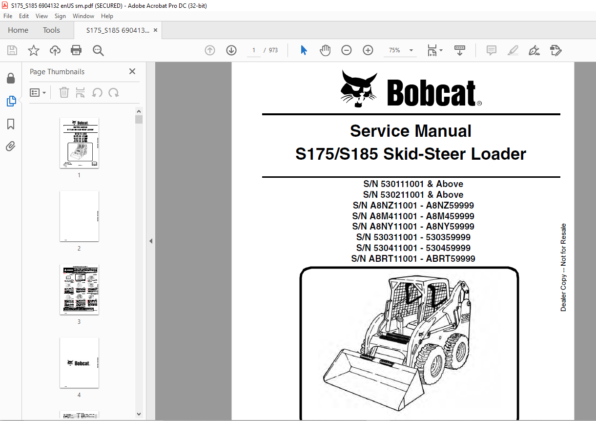 Bobcat S175 S185 Skid-Steer Loader Service Manual 6904132 (7-09) - PDF