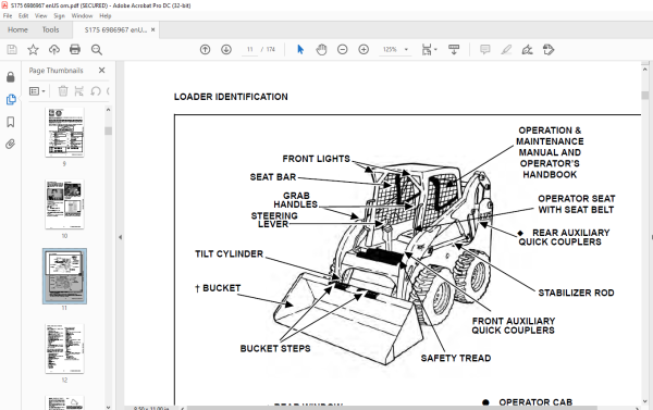 Bobcat S175 Skid-steer Loader Operation & Maintenance Manual Sn 