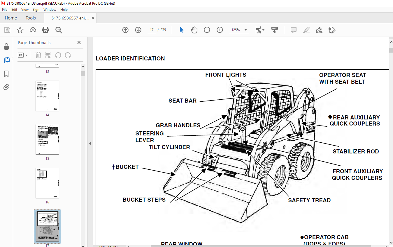 Bobcat S175 Skid-Steer Loader Service Manual SN A3L511001 - A3L519999 ...