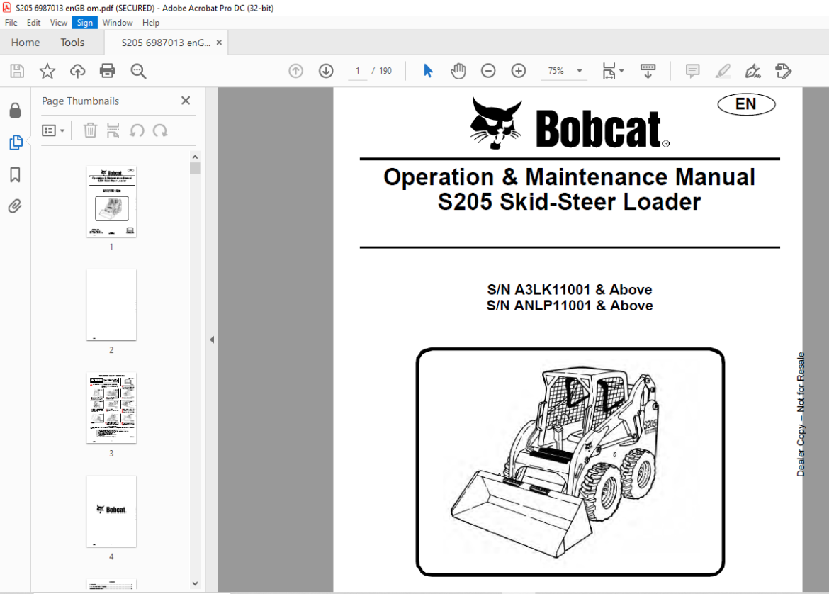 Bobcat S205 Skid-Steer Loader Operation & Maintenance Manual 6987013