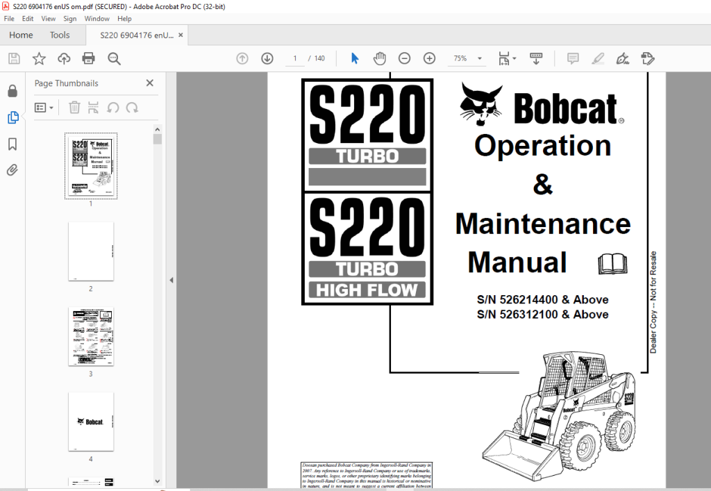 Bobcat S220 Turbo S220 Turbo High Flow Loader Operation & Maintenance