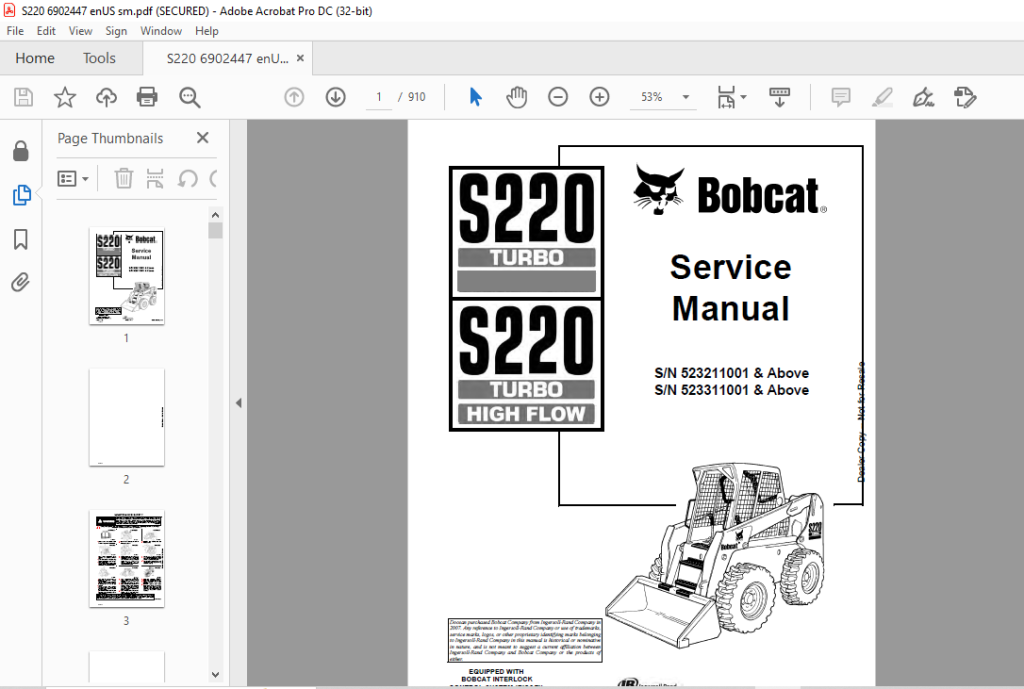 Bobcat S220 Turbo S220 Turbo High Flow Loader Service Manual 6902447 (6