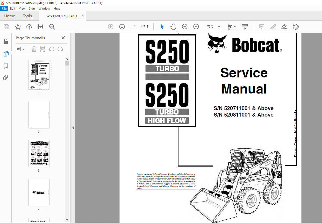 Bobcat S250 Turbo S250 Turbo High Flow Loader Service Manual 6901752