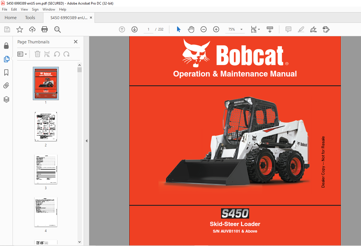 Bobcat S450 Skid-Steer Loader Operation & Maintenance Manual SN