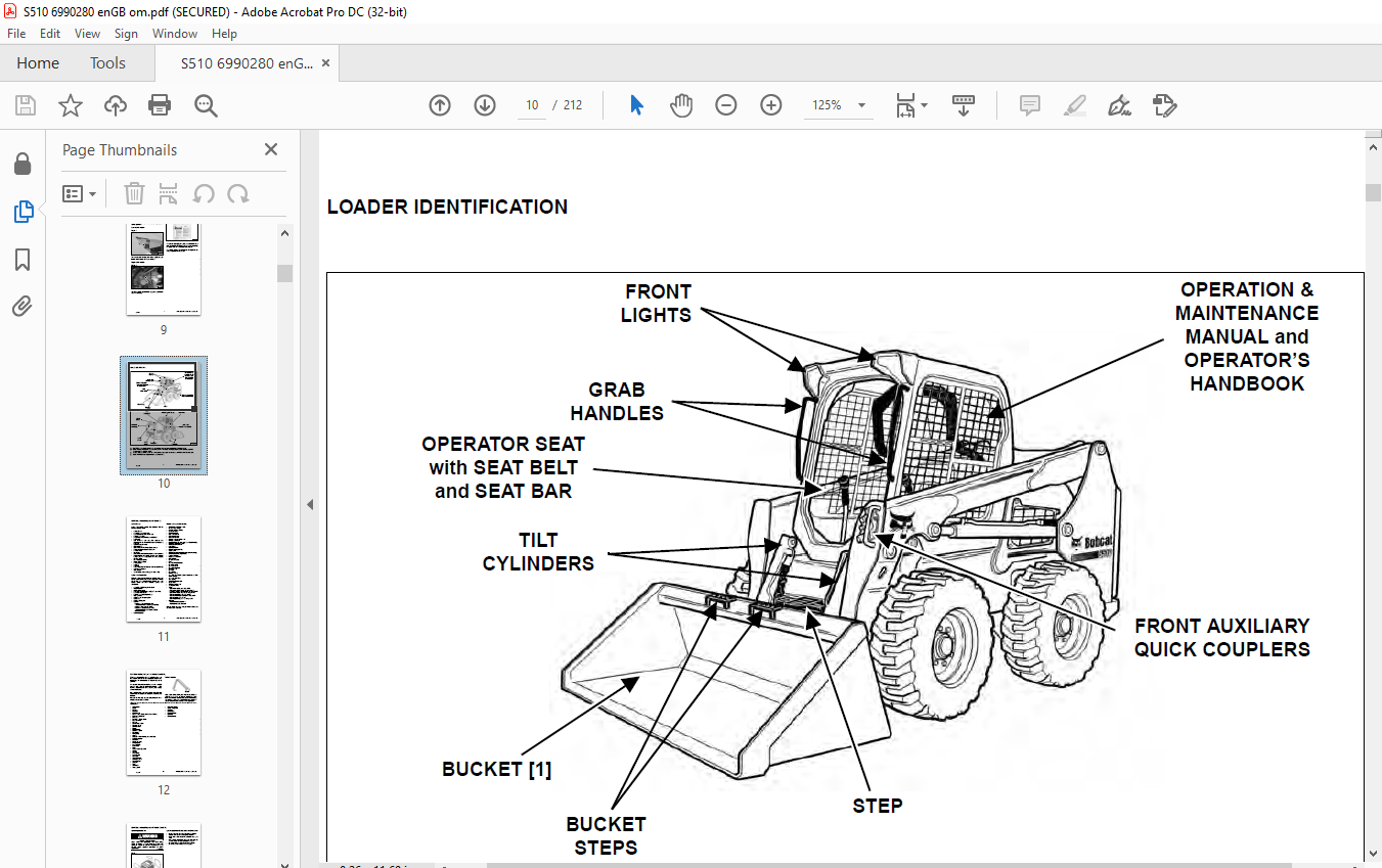 Bobcat S510 Skid-Steer Loader Operation & Maintenance Manual 6990280 ...