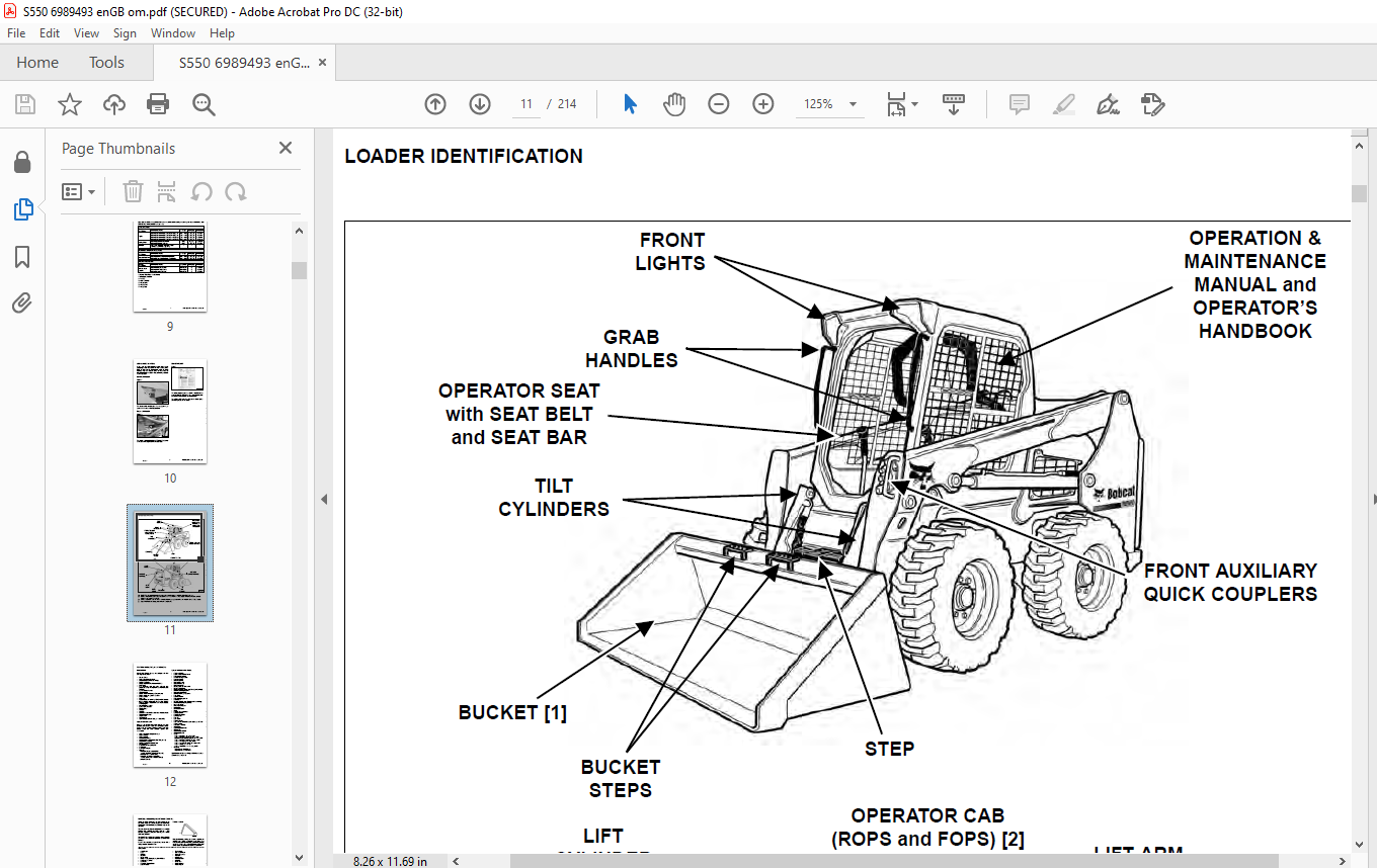 Bobcat S550 Skid-Steer Loader Operation & Maintenance Manual 6989493 ...