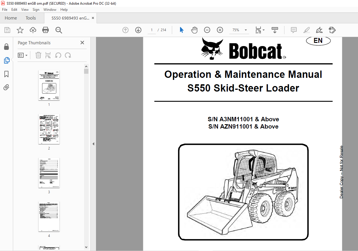 Bobcat S550 Skid-Steer Loader Operation & Maintenance Manual 6989493