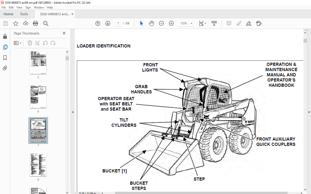 Bobcat S550 Skid-Steer Loader Operation & Maintenance Manual SN