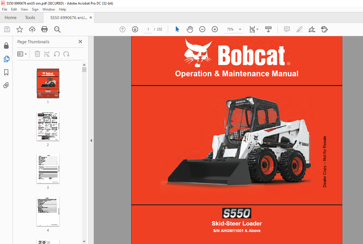 Bobcat S550 Skid-Steer Loader Operation & Maintenance Manual SN