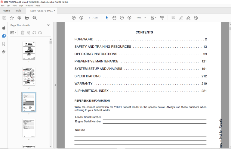 Bobcat S550 Skid-Steer Loader Operation & Maintenance Manual SN